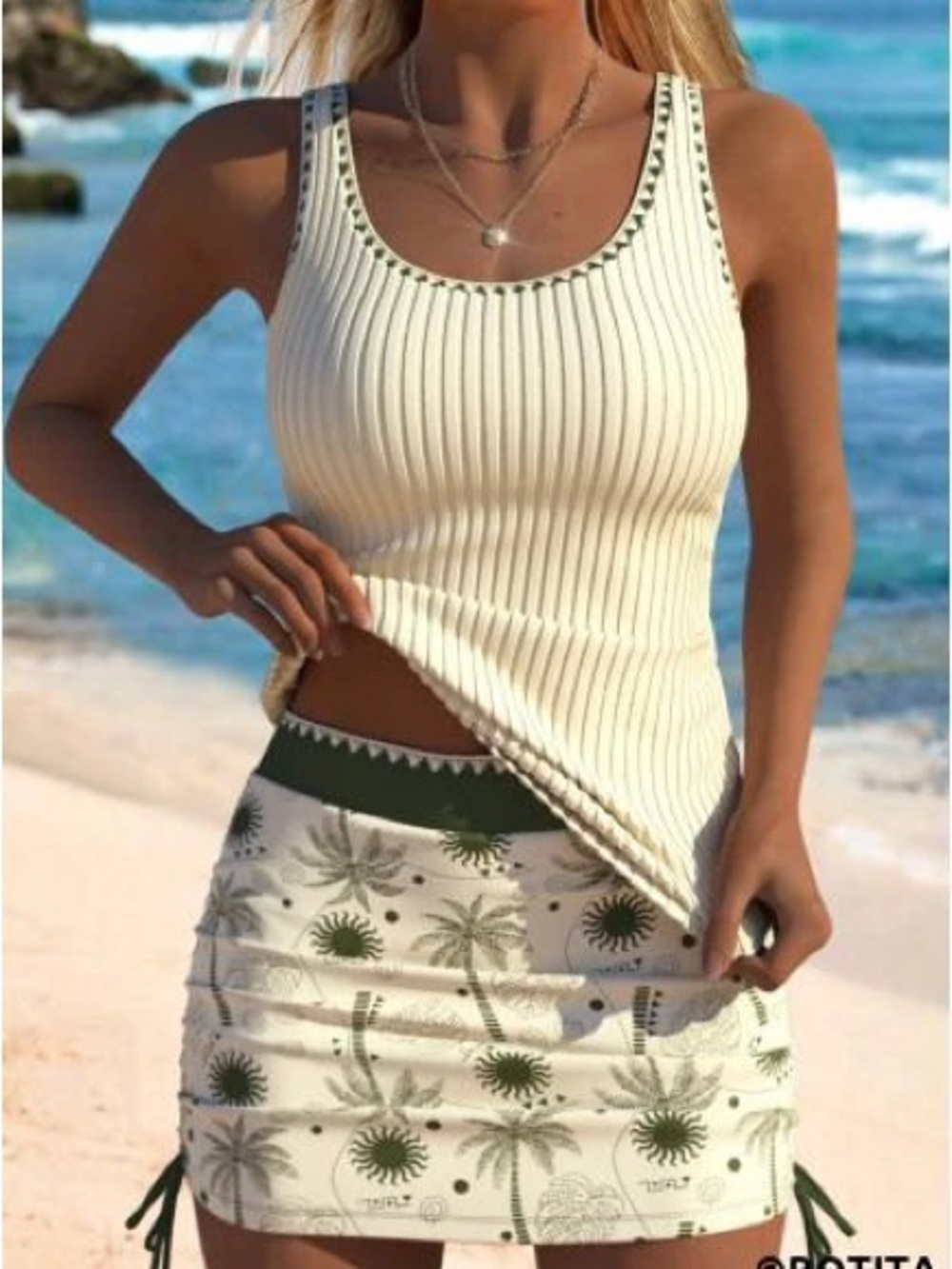 Women’s Cream Ribbed Tank Top & Palm-Print Mini Skirt Set